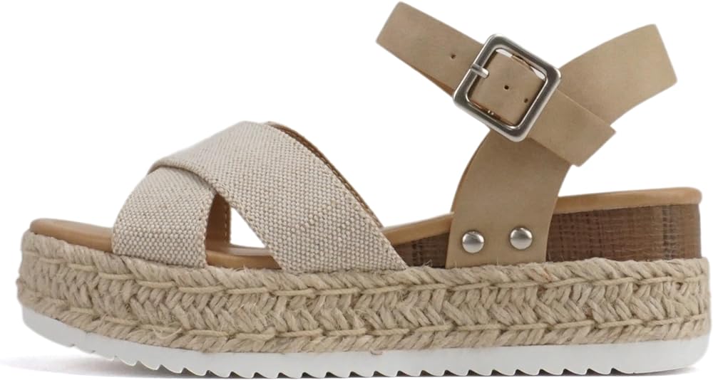 Soda FIRELY ~ Women Round Toe Crisscross Band Platform Espadrille Wedge Sandal with Adjustable Ankle Strap