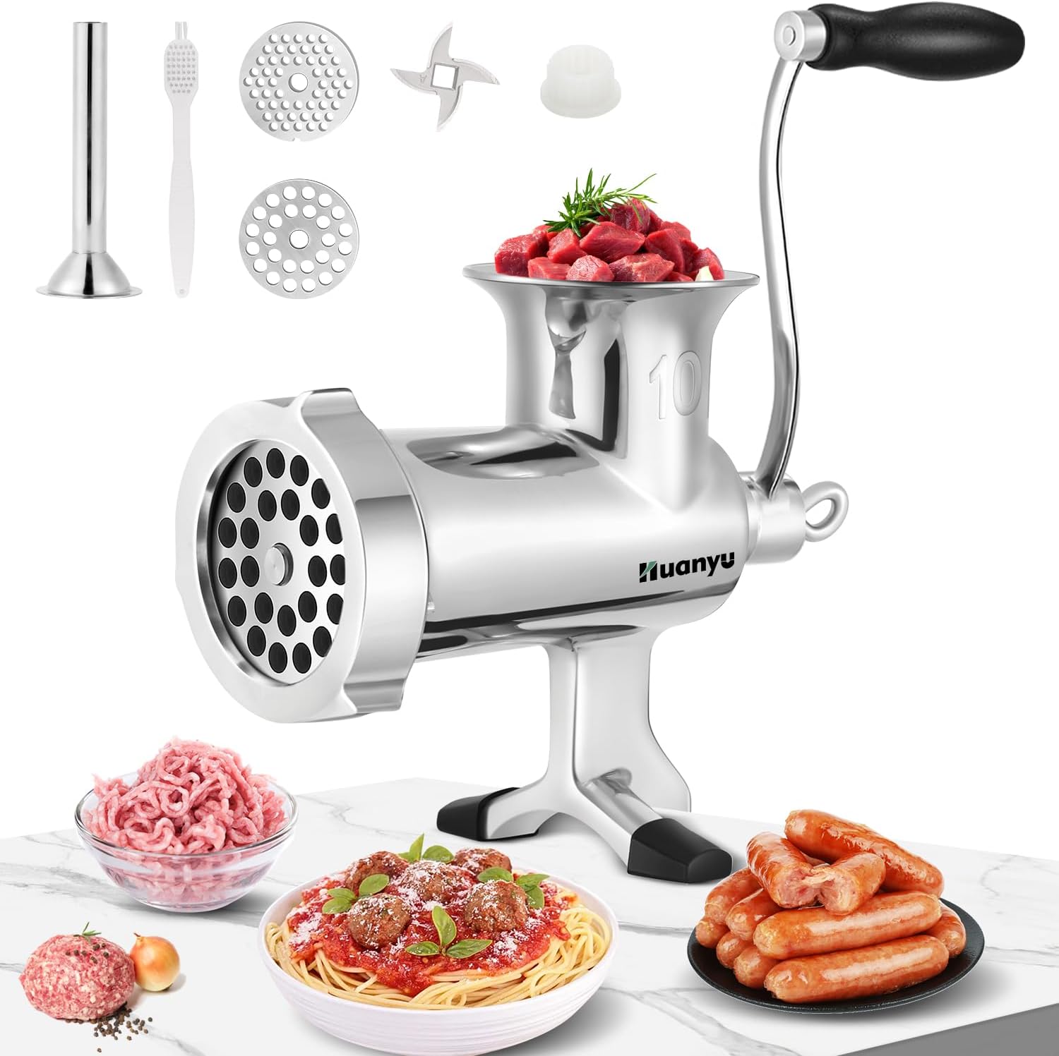 Huanyu Meat Grinder Manual Stainless Steel Meat Mincer Sausage Stuffer Filler Handheld Meat Grinding Machine Multifunctional Attachments Household for Chicken,Beef,Small Bone,Chili NO10