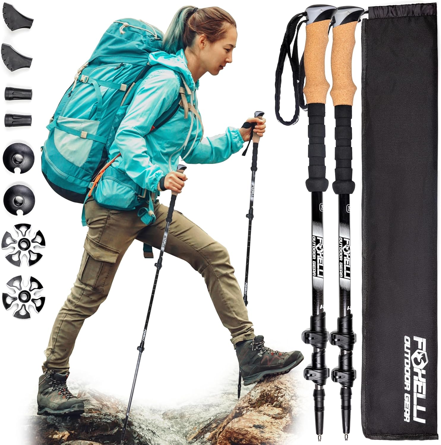 Foxelli Carbon Fiber Trekking Poles  Lightweight Collapsible Hiking Poles, Shock-Absorbent Walking Sticks with Natural Cork Grips, Flip Locks, 4 Season/All Terrain Accessories and Carry Bag