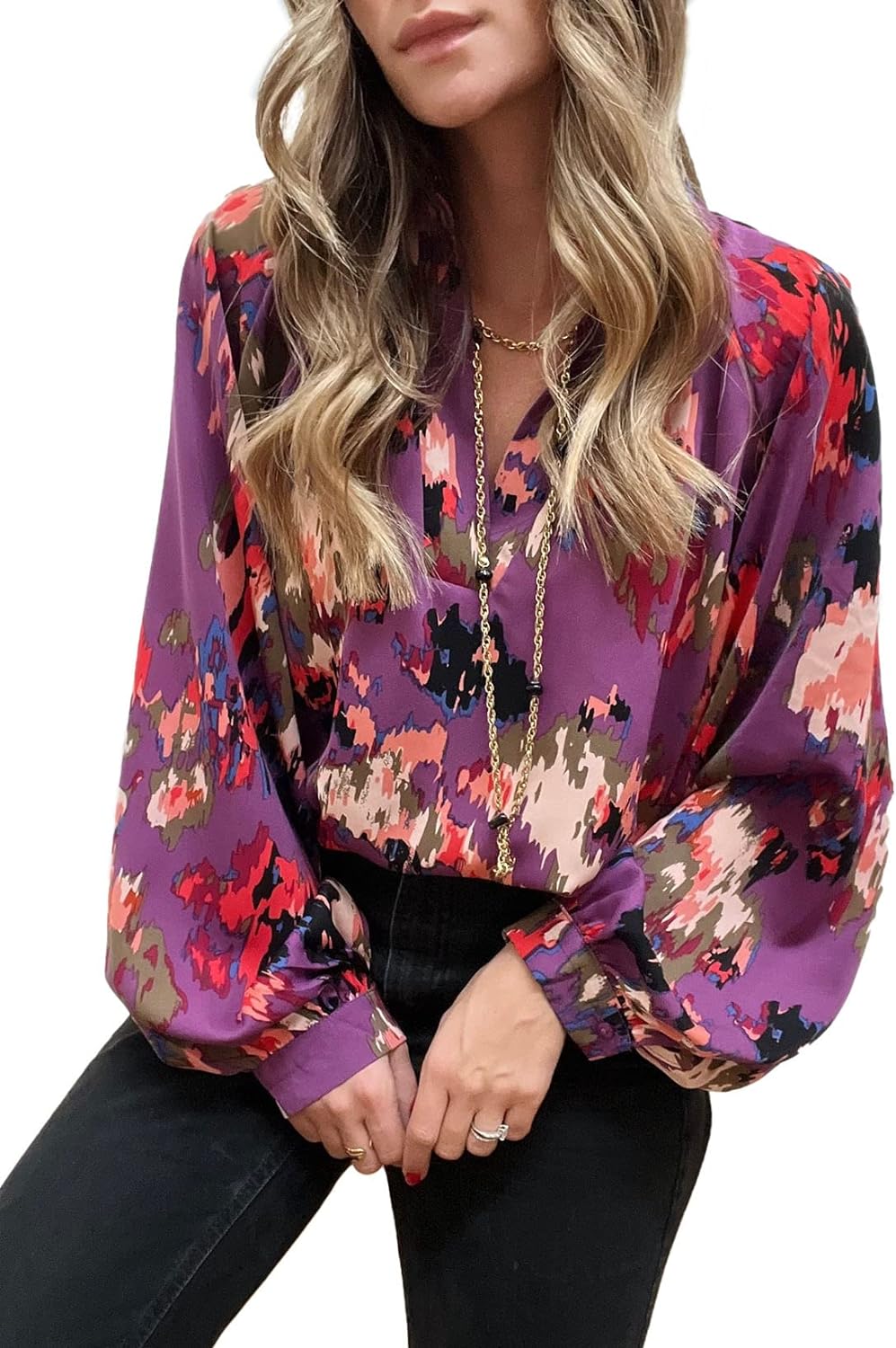 BTFBM Women' Casual Boho Blouse Tops Abstract Print Lapel V Neck Lantern Long Sleeve Summer Spring Loose Blouses Shirts