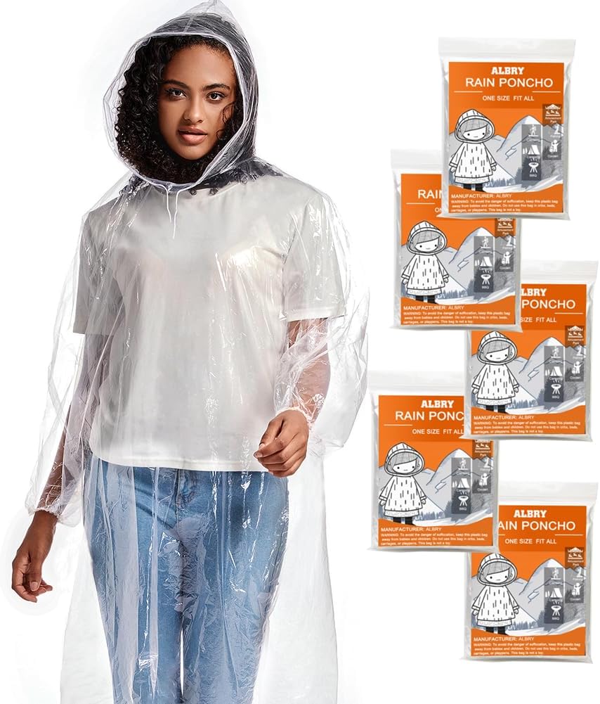 Disposable Rain Ponchos for Adults with Drawstring Hood - Emergency Rain Ponchos Family Pack for Women and Men,Clear