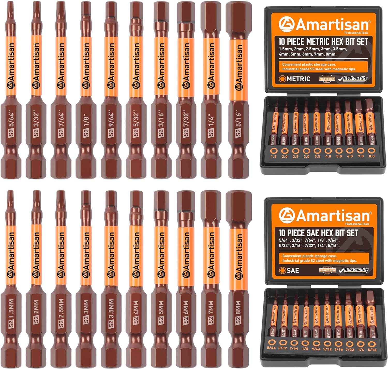 Amartisan 20-Piece Hex Head Allen Wrench Drill Bit Set, Metric and SAE S2 Steel Hex Bits Set, Magnetic Tips, 2.3 Long With Storage box.