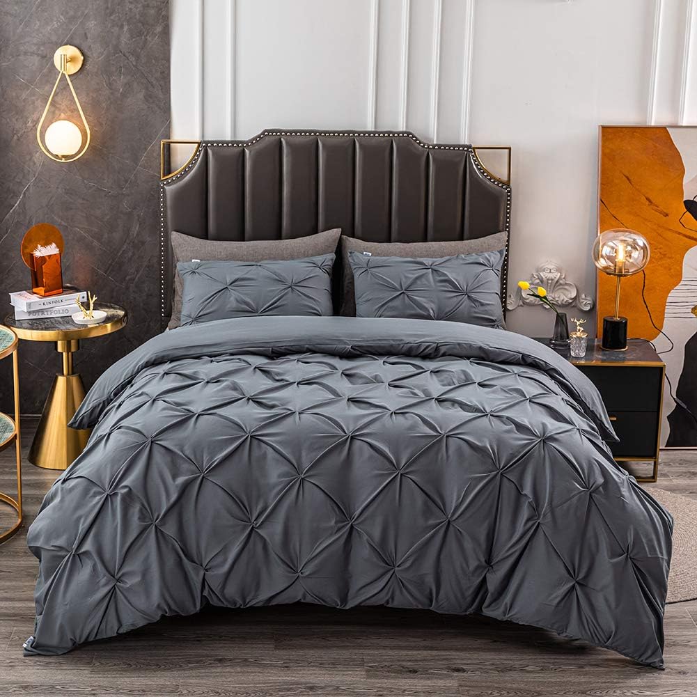 Vailge 3 Piece Pinch Pleated Duvet Cover with Zipper Closure, 100% 120gsm Microfiber Pintuck Duvet Cover, Luxurious Pintuck Decorative(Queen,Dark Grey)