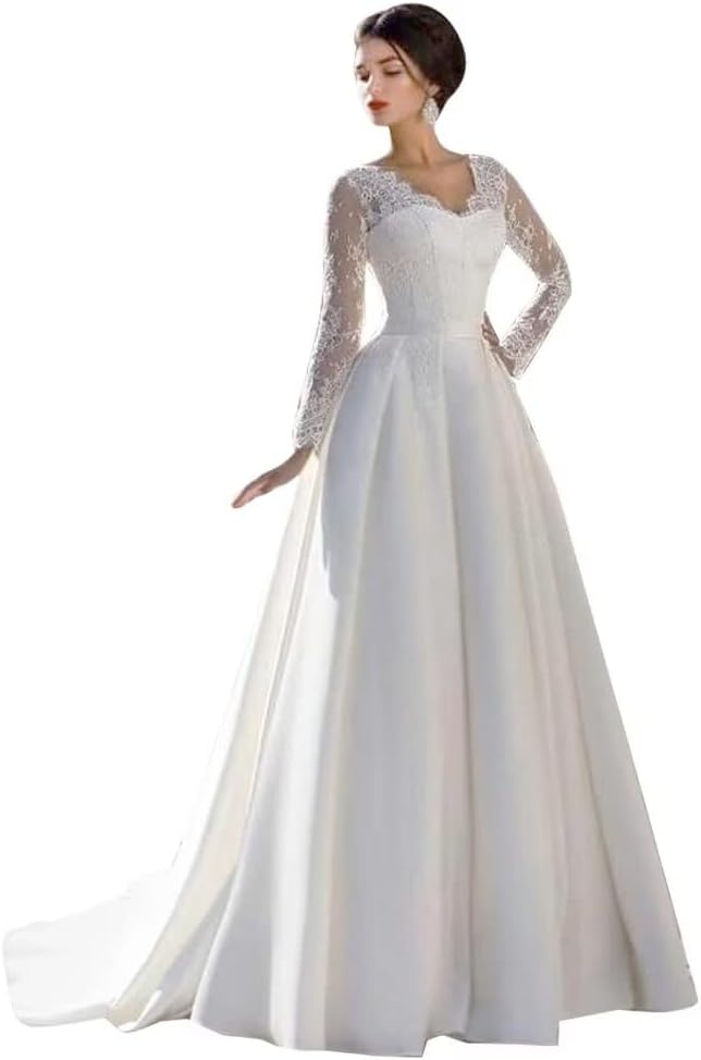 Long Sleeve Lace Wedding Dresses for Bride Satin Ball Gowns Simple V Neck Bridal Gowns for Women