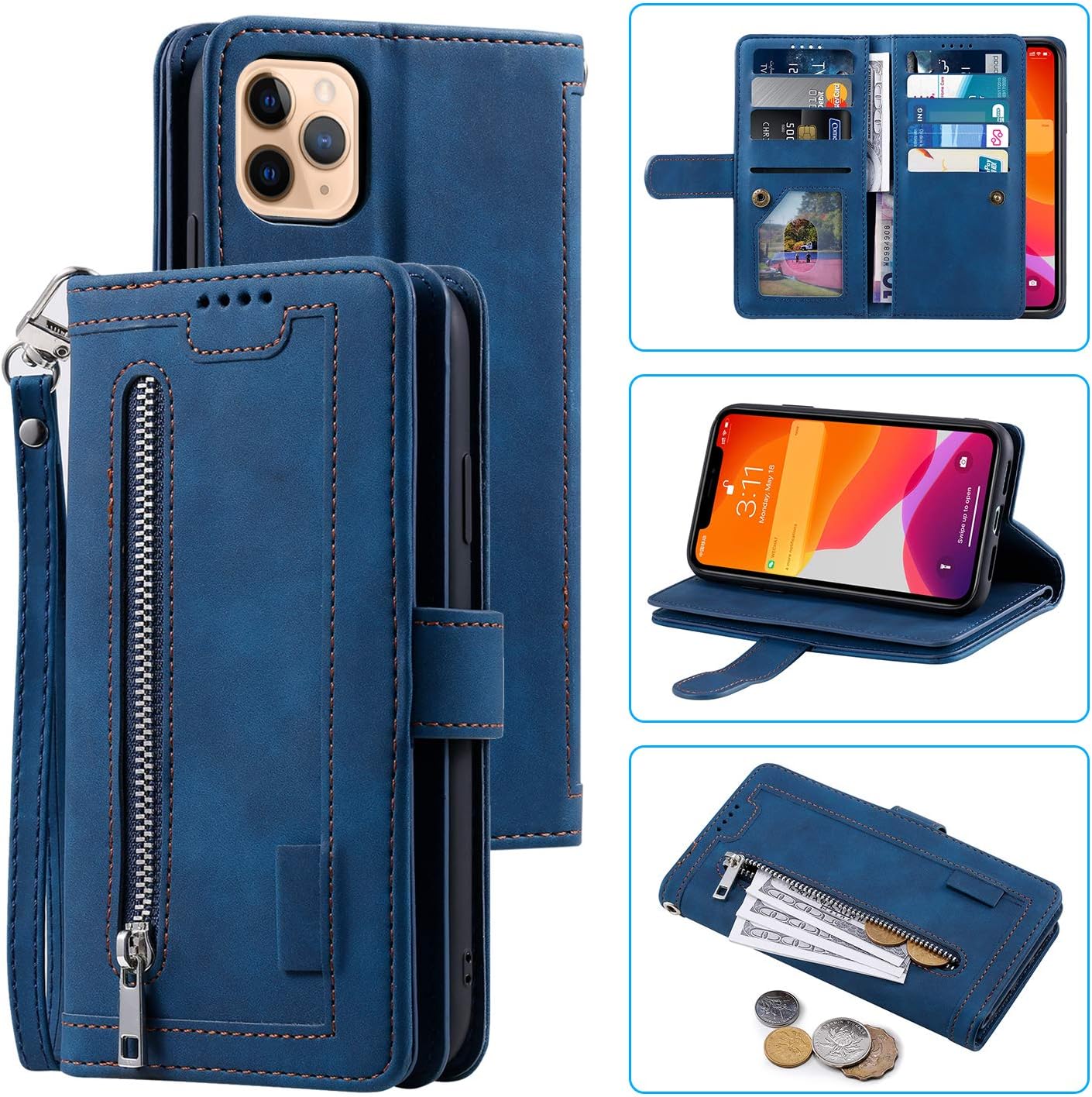 EYZUTAK Wallet Case for iPhone 12 iPhone 12 Pro 6.1 inch, Retro Matte 9 Card Holder Slots Zipper Pocket Case PU Leather Magnetic Closure Kickstand with Wrist Strap Shockproof Folio Flip Case - Blue