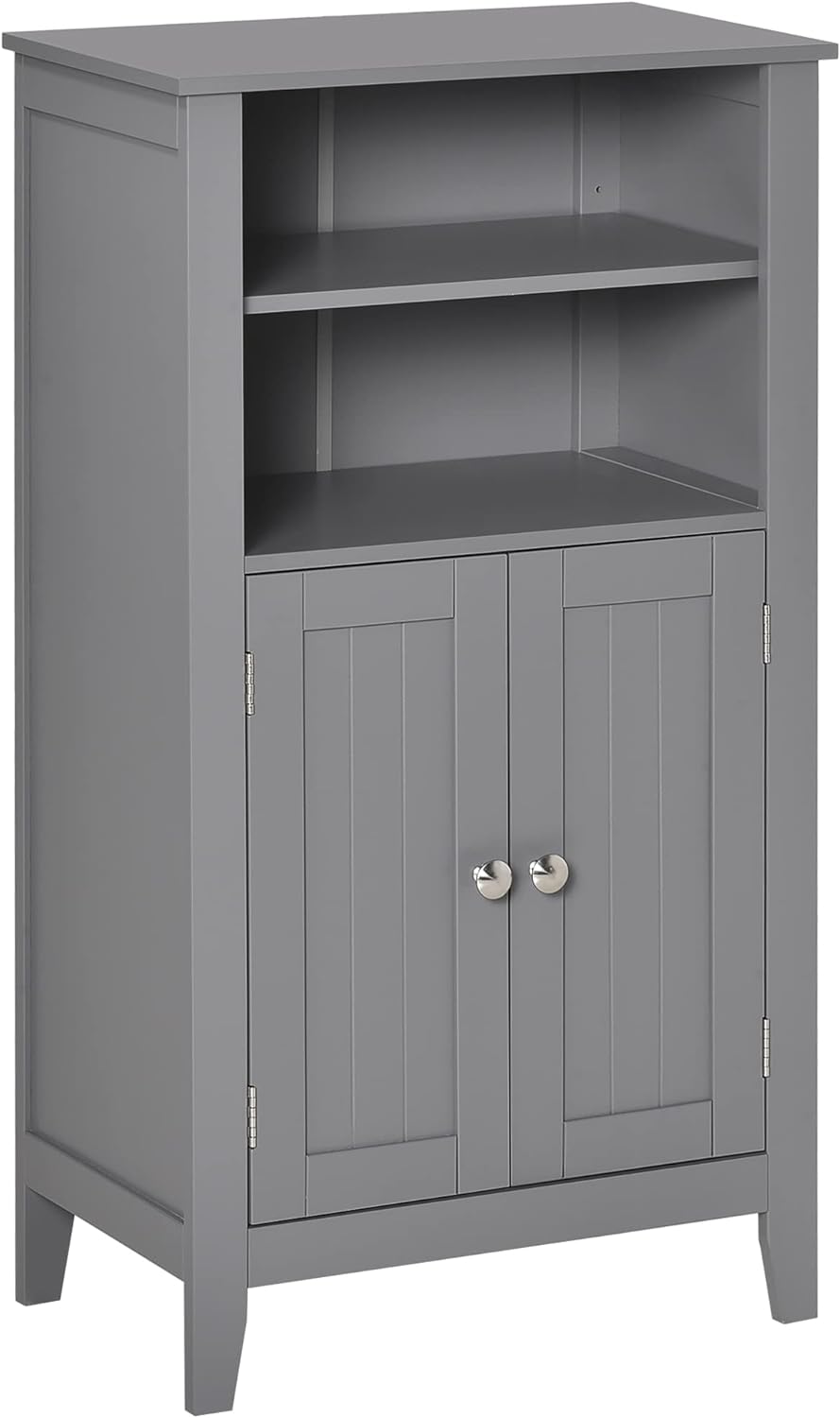 kleankin Bathroom Floor Cabinet, Freestanding Bathroom Storage Cabinet with 2 Open Shelves, Double Doors and 2 Adjustable Shelves, Small Cabinet for Bathroom, Washroom, Gray