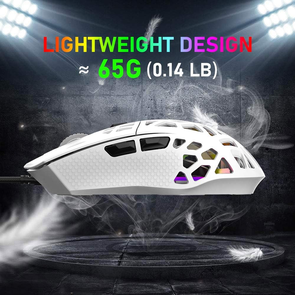 XINMENG RGB Lightweight Gaming Mouse Wired, Pixart PMW3327 12400DPI Optical Sensor, with 6 Buttons Programmable Driver Ultralight Honeycomb Shell Cable Mice for PC Gamers Office Xbox PS4 PS6