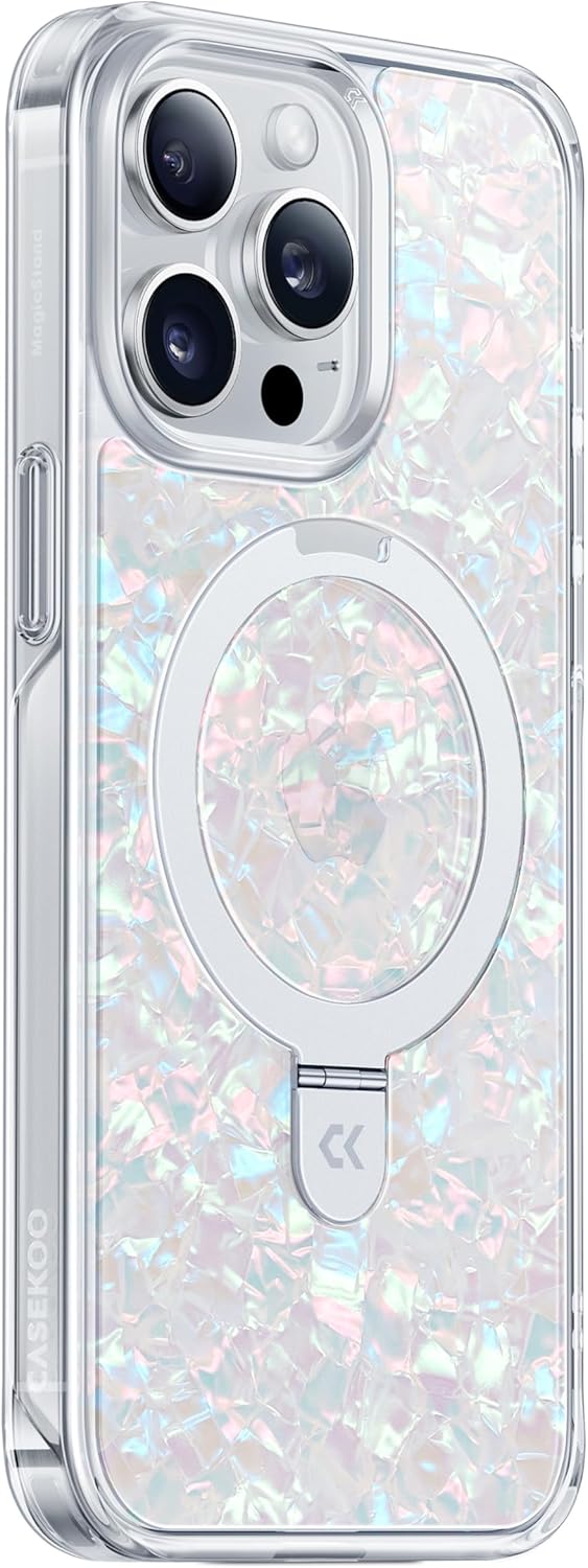 CASEKOO Pearl Shell iPhone 15 Pro Max Case with Stand, [Compatible with Magsafe][12FT Drop Protection] iPhone 15 Pro Max Case for Women, Unique, Gorgeous, Stylish and Lovely(2024), White