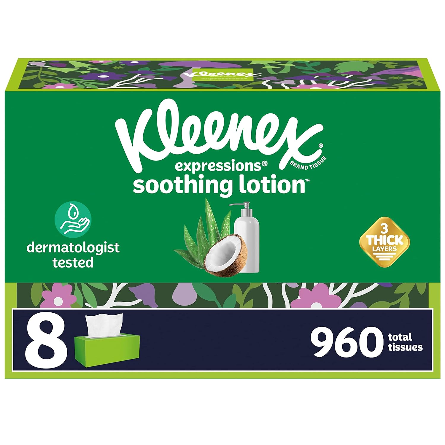 Kleenex Expressions Soothing Lotion Facial Tissues with Coconut Oil, 8 Flat Boxes, 120 Tissues per Box, 3-Ply (960 Total Tissues), Packaging May Vary