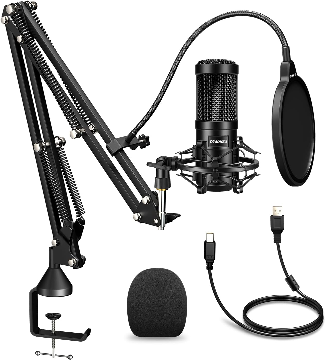 Aokeo USB Condenser Microphone, 192kHZ/24bit Professional PC Streaming Podcast Cardioid Microphone Kit with Boom Arm, Shock Mount, Pop Filter, for Recording, Gaming, YouTube,Meeting, Discord