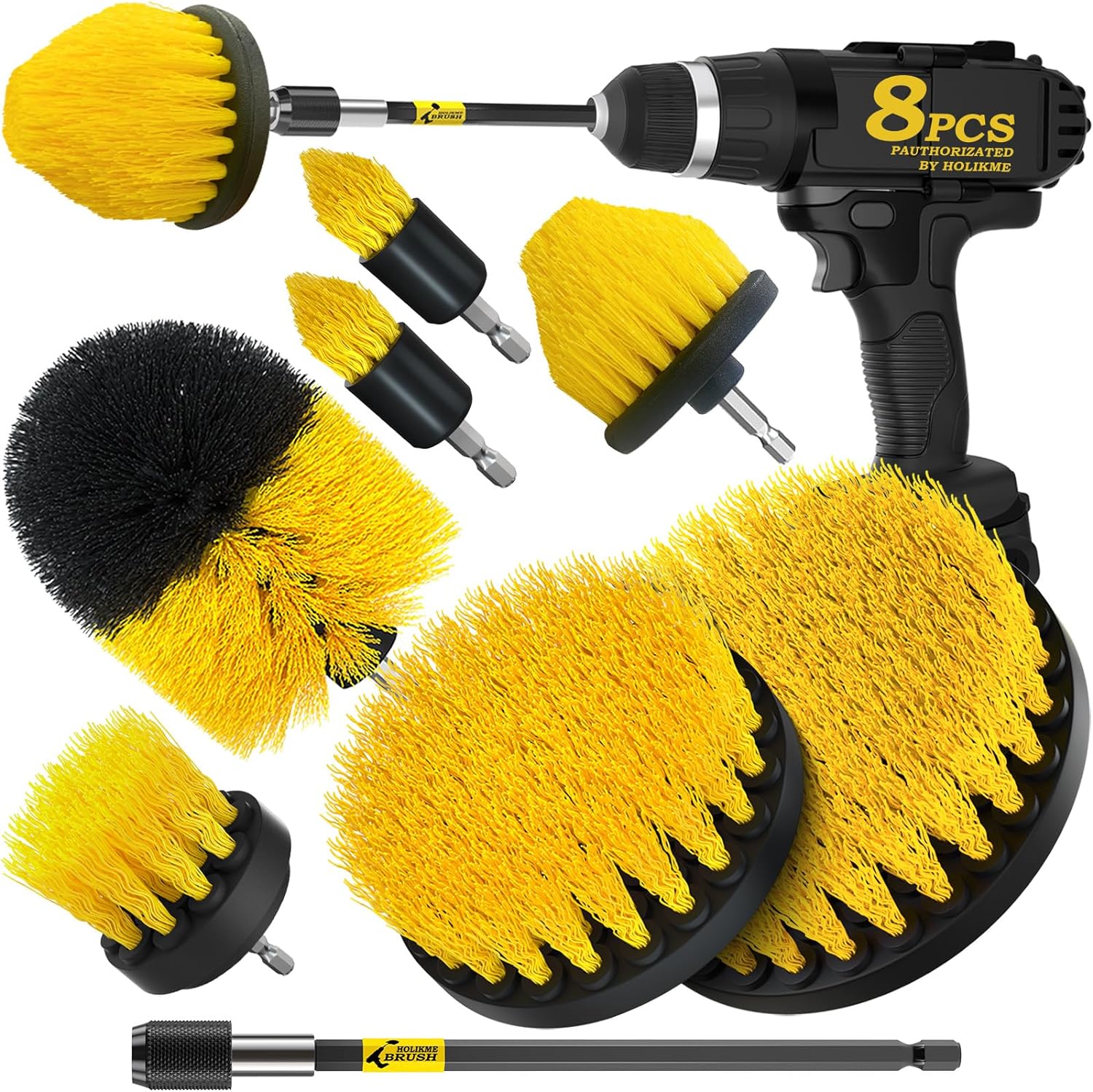 Holikme 8 Piece Drill Brush Attachments Set, Power Scrubber with Extend Long AttachmentCleaning Supplies for Bathtub, Shower, Grout, Tile(Yellow)