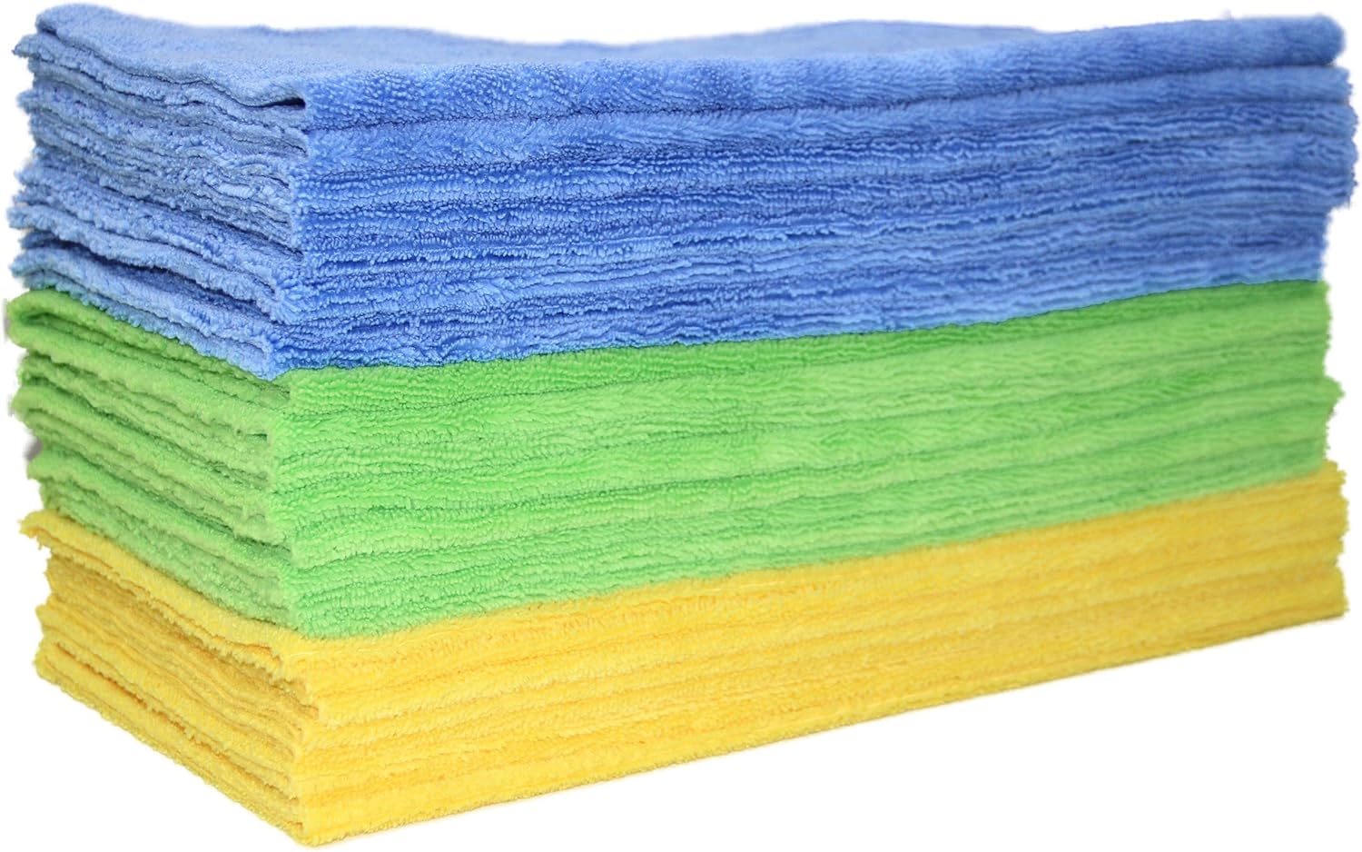 POLYTE Microfiber Cleaning Towel Ultrasonic Cut Edgeless (16x16, 24 Pack, Premium, Blue,Green,Yellow)