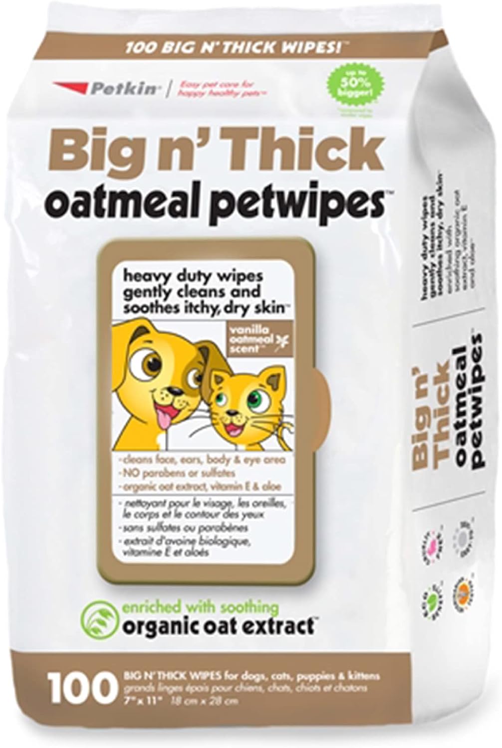 Petkin Pet Wipes for Dogs and Cats, Oatmeal, 100 Wipes (Large) for Dogs and Cats - Soothes Itchy Dry Skin and Cleans Ears, Face, Butt, Body and Eye Area - Idea for Home and Travel