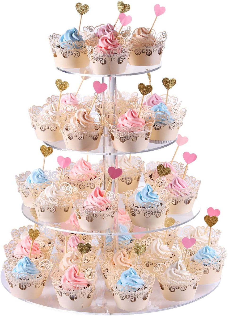 Cupcake+Stand%2c+4-Tier+Round+Acrylic+Cupcake+Display+Stand+Dessert+Tower+Pastry+Stand+for+Wedding+Birthday+Theme+Party-+15.7+Inches+(Transparent)