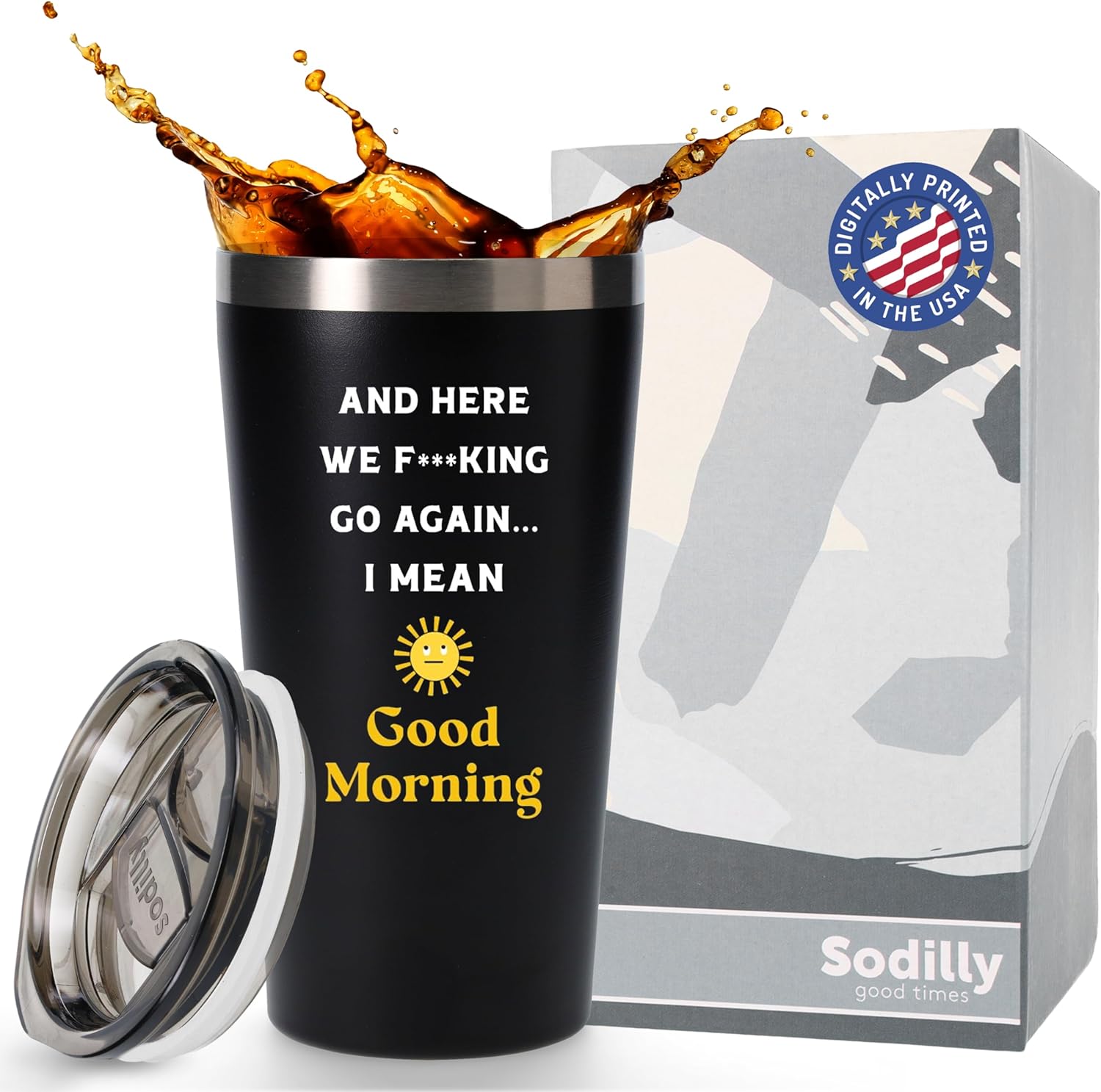 Sodilly Funny Gifts for Men Women - Here We Go, 16 oz Insulated Coffee Tumbler with Lid, Black - Sarcastic Gifts - Gag Gifts Ideas - Funny Gifts for Coworkers - Funny Coffee Mug Tumbler For Men