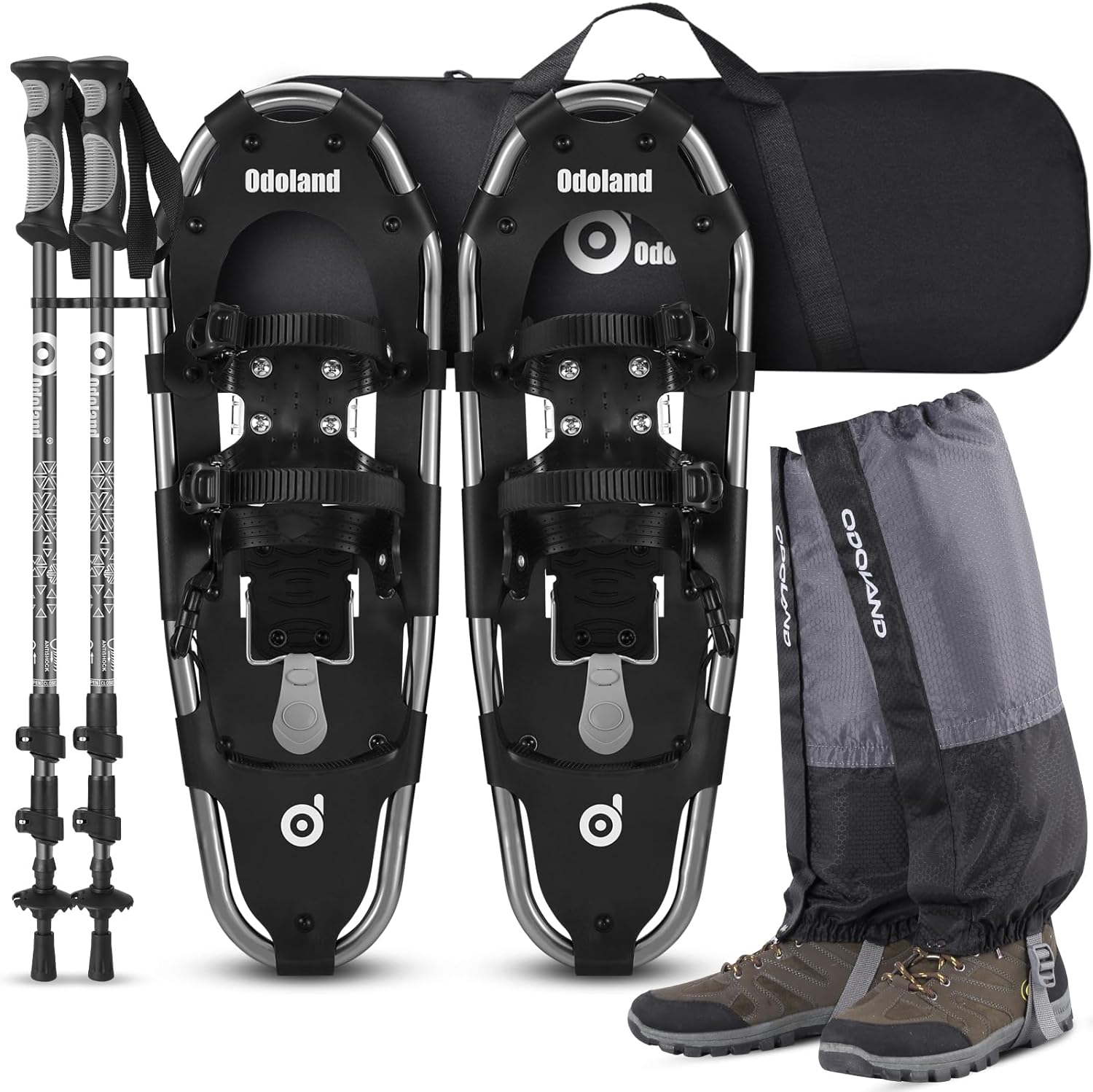 Odoland 4-in-1 Snowshoes for Men Women Youth Kids with Trekking Poles, Waterproof Snow Leg Gaiters and Carrying Tote Bag, Lightweight Snow Shoes Easy to Wear Aluminum Alloy, Size 21''/25''/30''