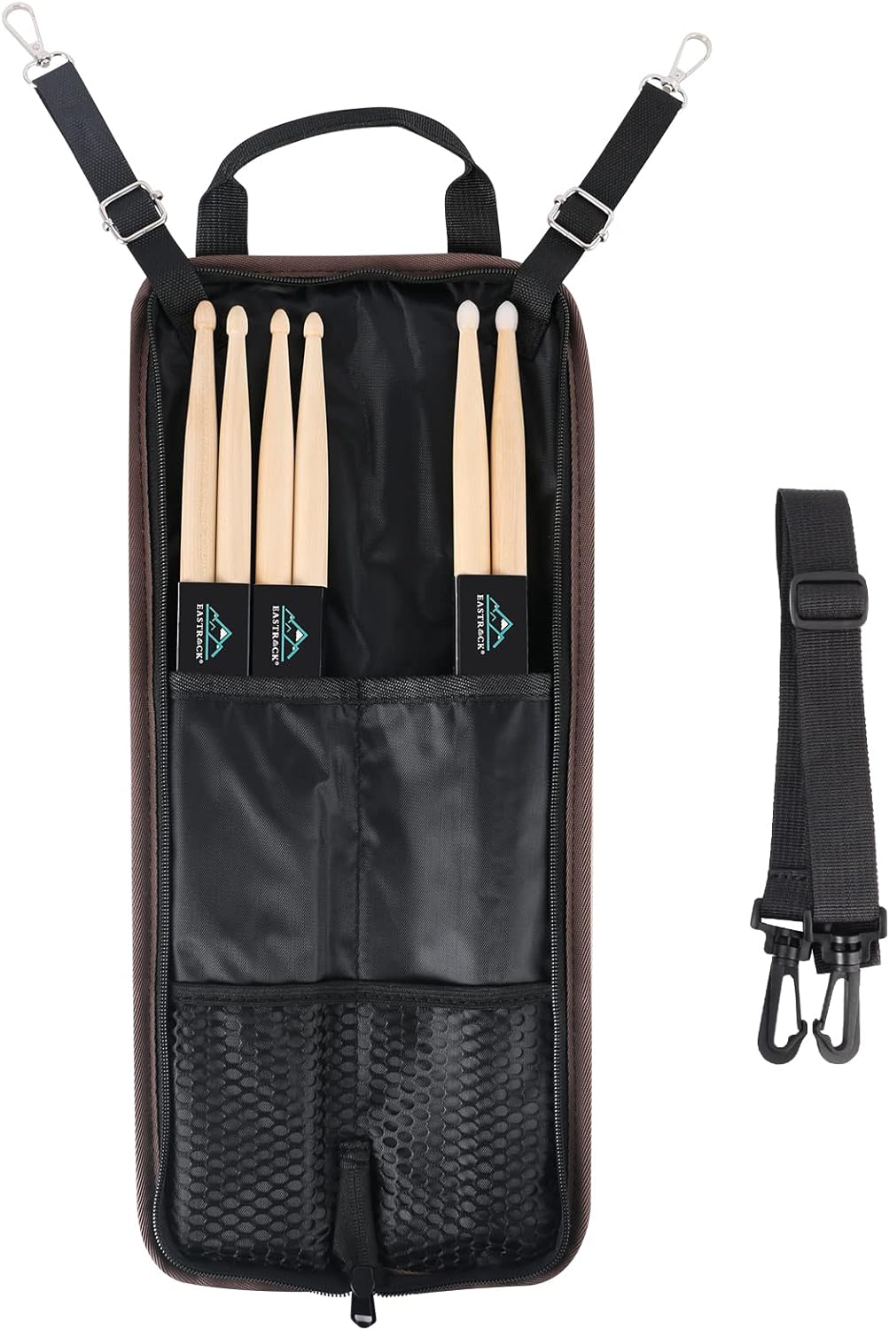 EASTROCK Drum Sticks Bag with 3 Pair Drumsticks, Drumstick Bag with Floor Tom Hook, Carrying Strap (Brown)