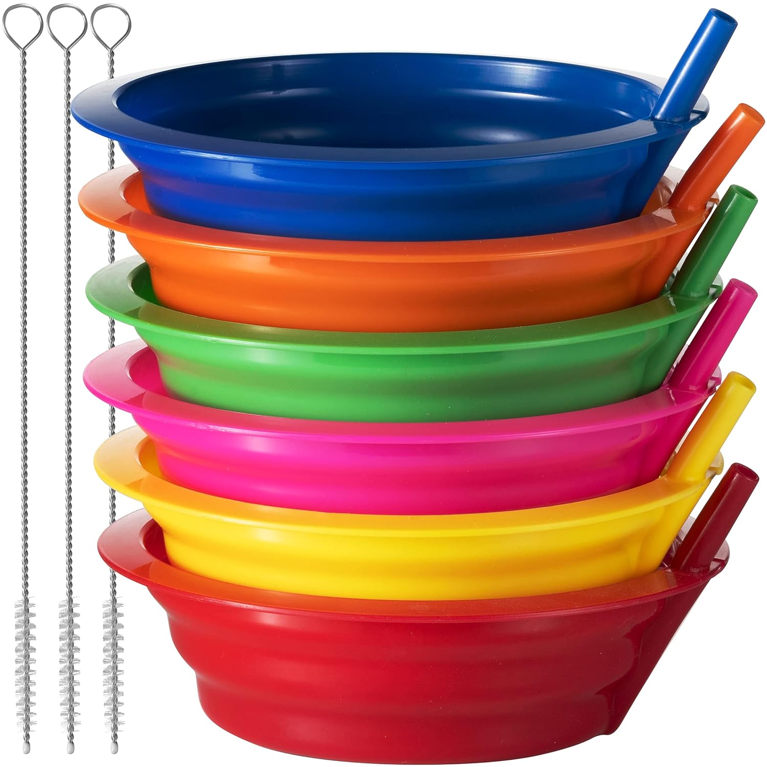 Cereal Bowls with Straws for Kids - (Set of 6 - 20-Ounce Bowls) BPA-Free Plastic Reusable Bowls with Built-In Straws for Children & Toddlers, Dishwasher and Microwave Safe, Includes 3 Cleaning Brushes