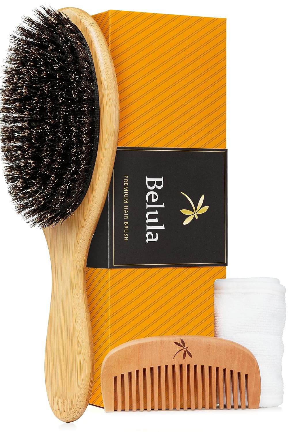 Belula 100% Boar Bristle Hair Brush Set (Medium). Soft Natural Bristles for Thin and Fine Hair. Restore Shine And Texture. Wooden Comb, Travel Bag and Spa Headband Included!