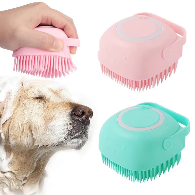 Bath Brush Scrubber Soft Silicone Pet Shower Grooming Shampoo Massage Dispenser For Short Long Haired Dogs And Cats (Blue Pink)