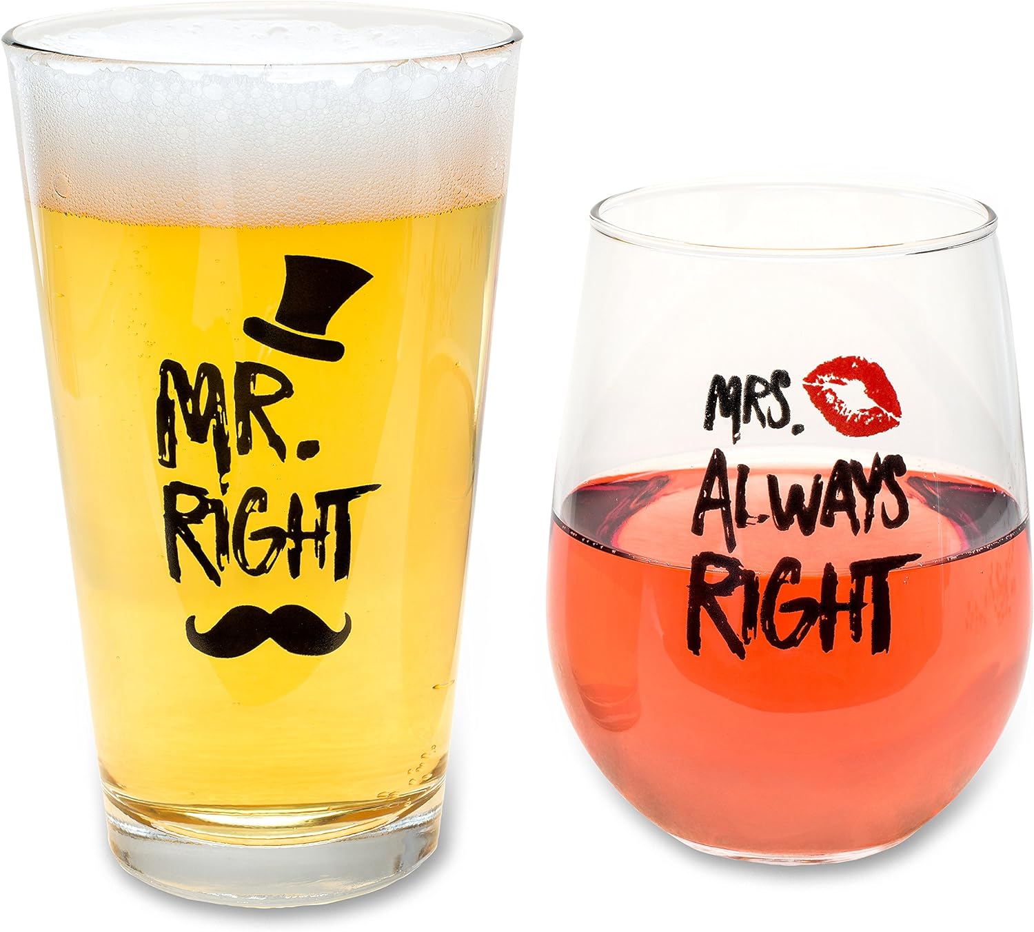 Funny Mr. Right and Mrs. Always Right Novelty Wine Glass and Beer Glass | Includes Fun, Stylish Gift Box | For Weddings, Engagement, Newlywed, Bachelorette, Anniversary, Couples Gifts