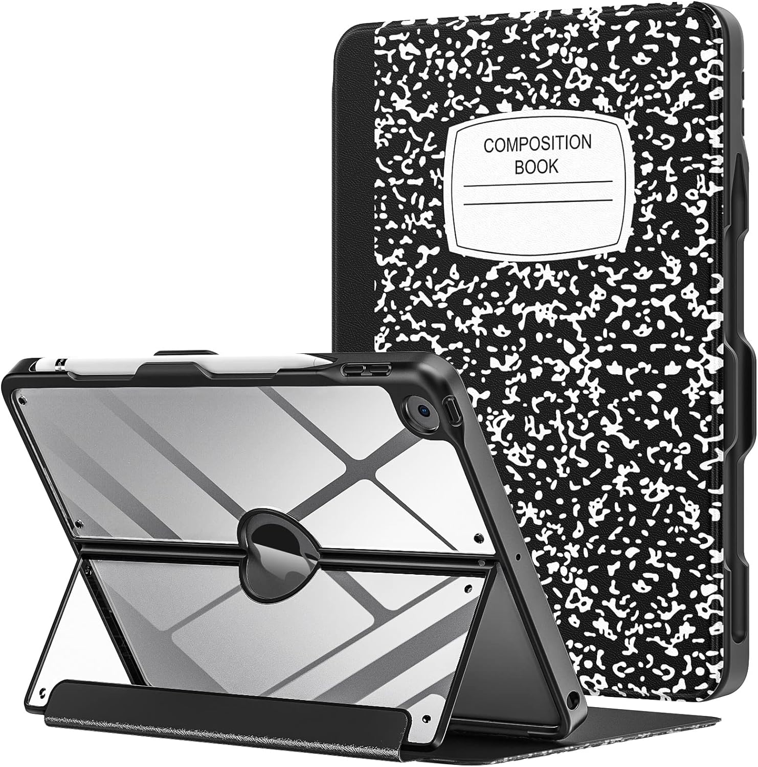 MoKo Case for iPad 9th Generation 2021/ iPad 8th Generation 2020/ iPad 7th Gen 2019 with Pencil Holder, Built-in Screen Protector Clear Back, Multi Angle Viewing Stand, Auto Wake/Sleep, Notebook Black