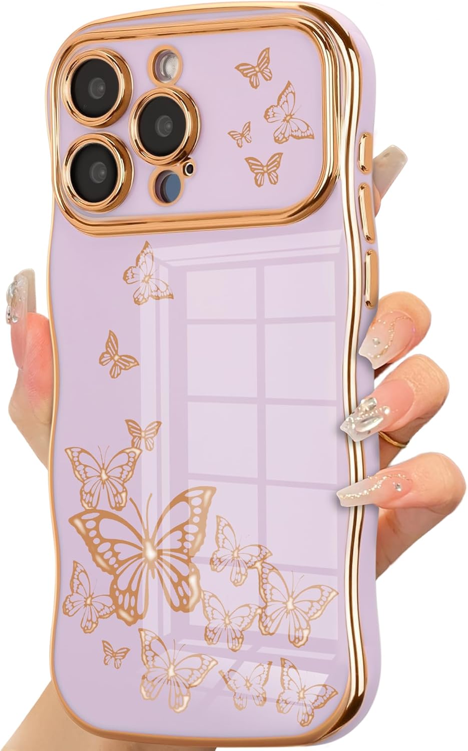 ZTOFERA for iPhone 13 Pro Max Case for Girl Women,Cute Curly Wave Frame with Luxury Plating Butterfly Pattern,Soft TPU Shockproof Raised Lens Protection Phone Case for iPhone 13 Pro Max,Light Purple