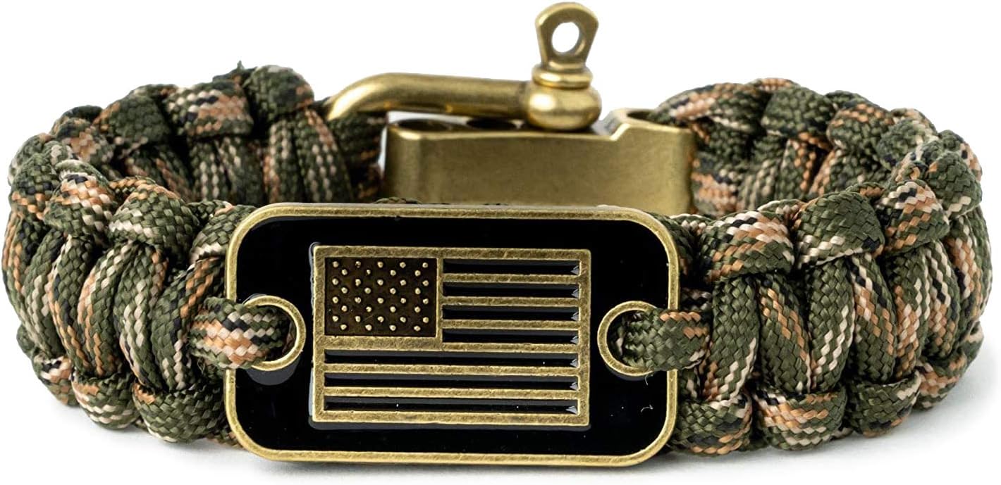 iHeartDogs Hero Company Camo Paracord Bracelet - Tactical Survival Bracelet for Men with Bronze USA Flag - Helps Pair Military Veterans with a Companion Dog