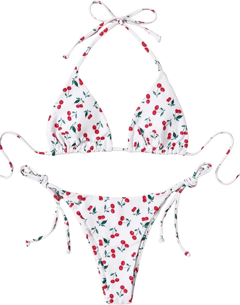 SOLY HUX Women's Bikini Sets Cherry Print Halter Triangle Tie Side Bathing Suits 2 Piece Swimsuit