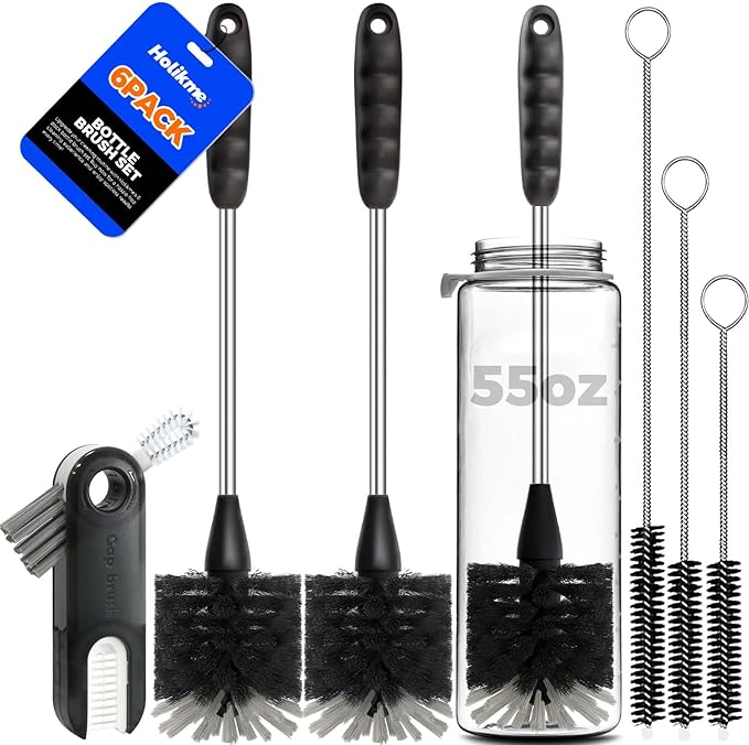 Holikme 6 Pack Bottle Brush Set, 14 Long Handle Stainless Steel Bottle Cleaner Brush, 3 Straw Brushes, 3-in-1 Bottle Cleaning Brush for Water Bottle, Baby Bottle, Straws Black