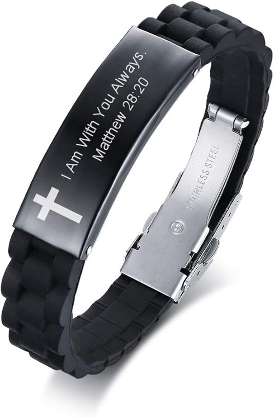 MEALGUET Religious Quote Faith Christian Bible Verses Inspirational Powerful Scripture ID Wristband Cross Silicone Bracelets, God Bracelet Gift Idea for Men, gift for him for love husband father boys