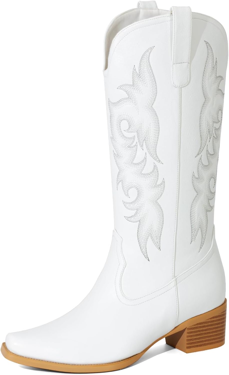 Women' Cowboy Boots Embroidered Western Cowgirl Mid Calf Boots Square Toe Chunky Heel Wide-calf Boots