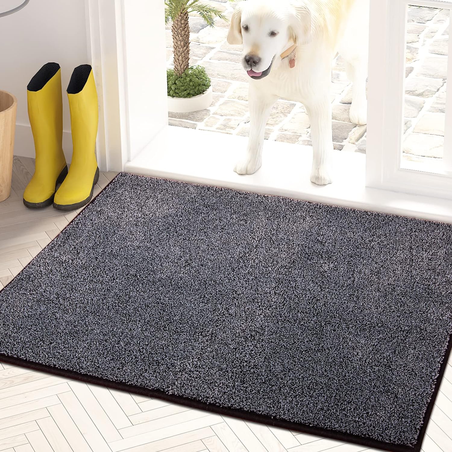 PURRUGS 20x31.5 Non-Slip Machine Washable Door Mat, Super Absorbent Rug Scraper for Muddy Shoes & Paws - Bluish Grey-Black