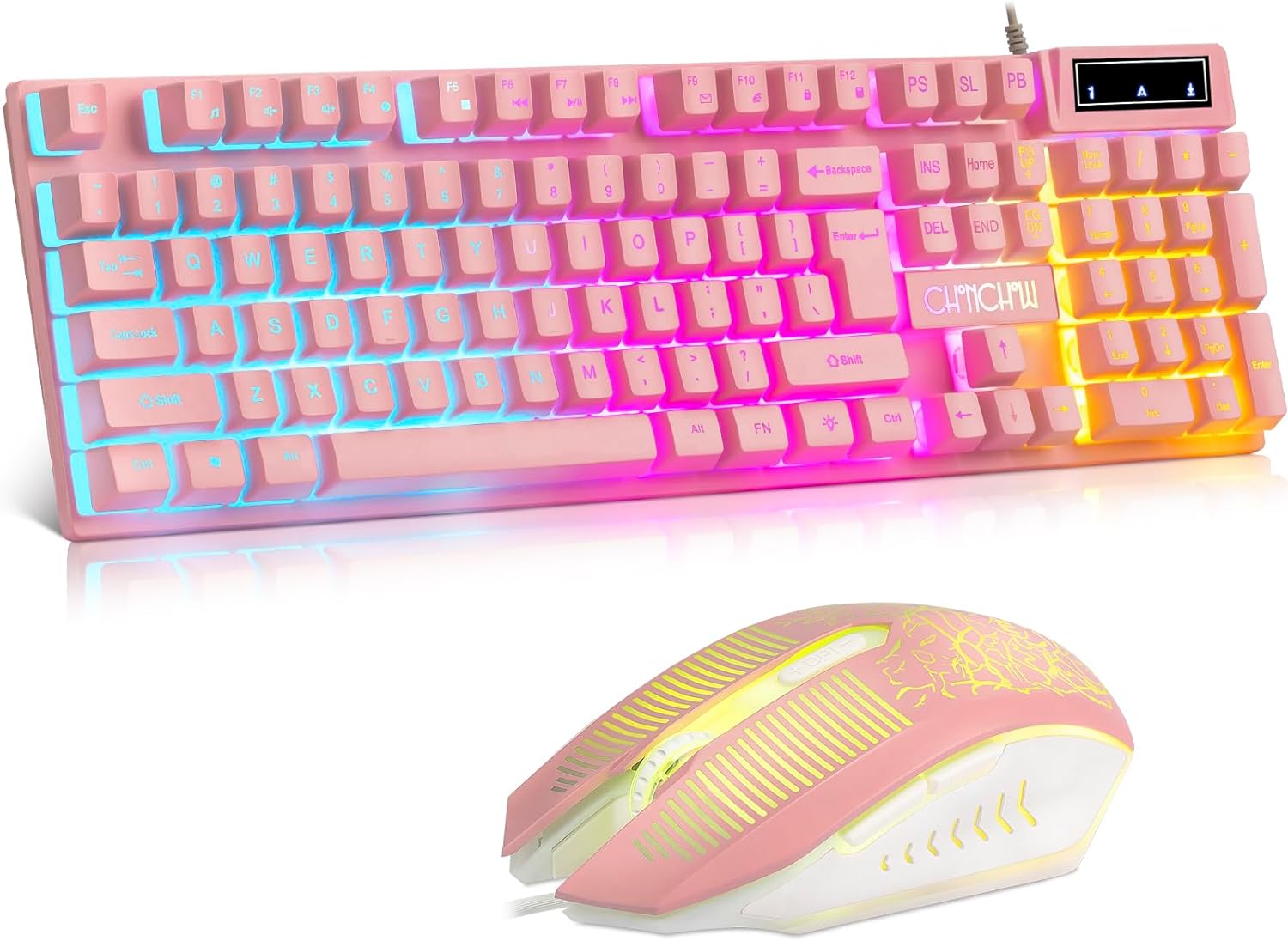 CHONCHOW Pink Gaming Keyboard and Mouse Combo with Backlit, Function Keys, 19 Keys Anti-ghosting for Gamer on PC Laptop Computer Mac PS4 Xbox, Cute Wired Light Up Keyboard & RGB Mouse, Gift for Girl