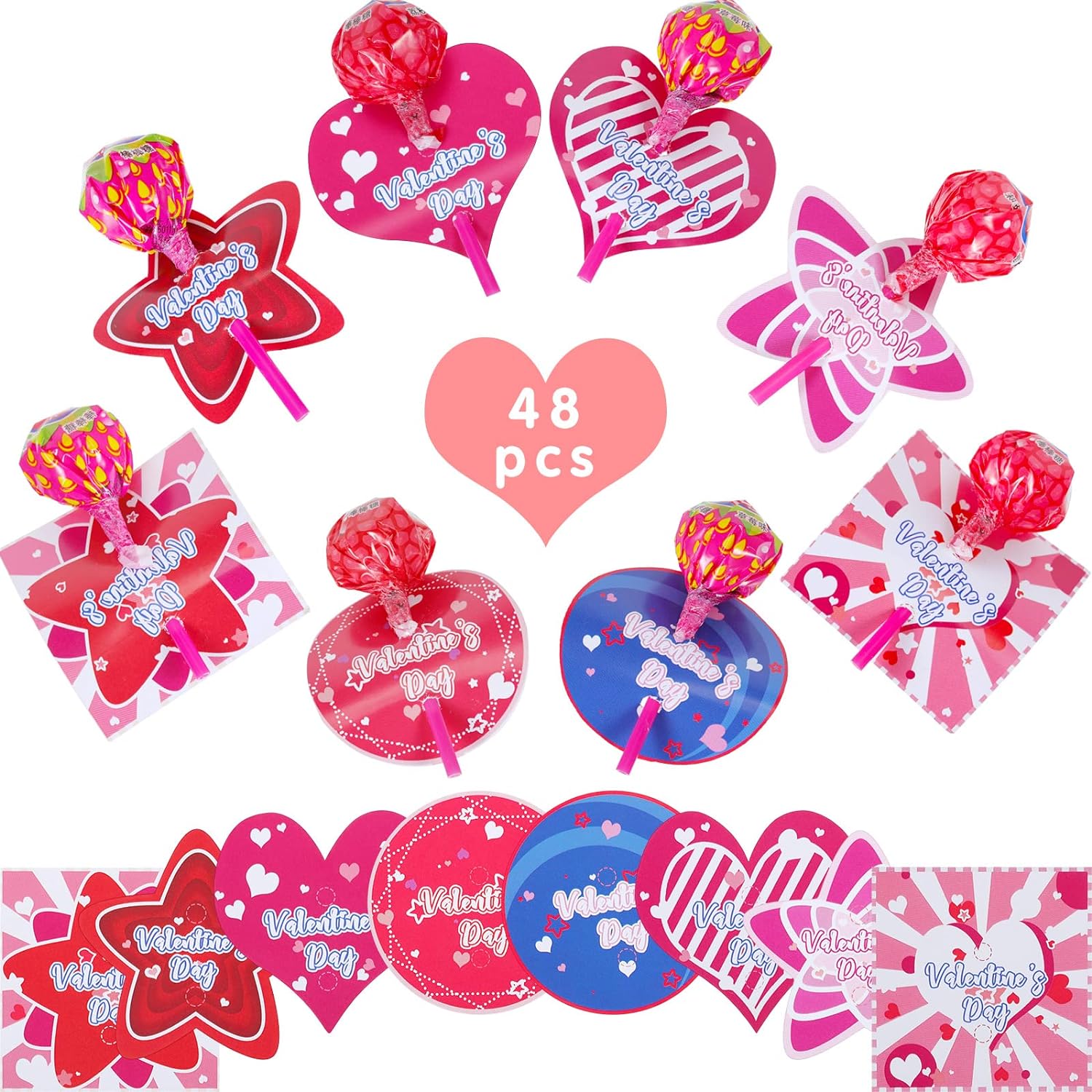 Chinco+48+Pieces+Valentines+Day+Cards+Valentine%27s+Candy+Cards+Holder+for+Preschoolers+Kids+Happy+Valentines+Day+Heart+Greeting+Paper+Lollipops+Cards+for+Kids+School+Classroom+Exchange+Treat%2c+8+styles