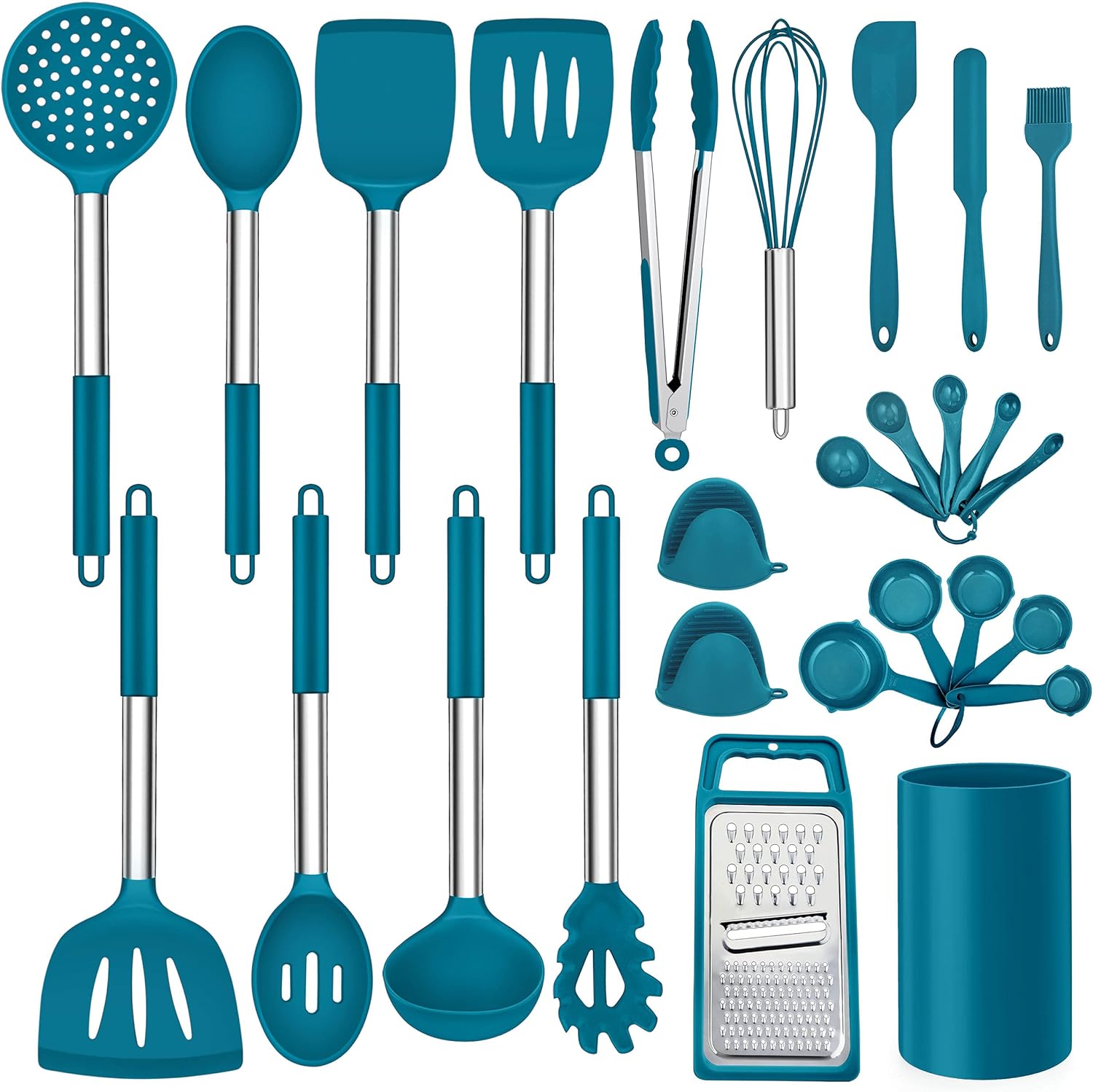 LIANYU 27 PCS Kitchen Utensils Set with Holder, Silicone Cooking Utensils Spatula Set with Stainless Steel Handle, Kitchen Cooking Gadgets Tools for Nonstick Cookware Set, Heat Resistant, Blue