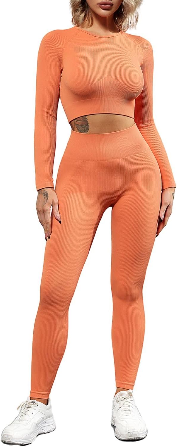 QINSEN Seamless Workout Outfits for Women 2 Piece Ribbed Long Sleeve Crop Top Tummy Control Leggings Sets