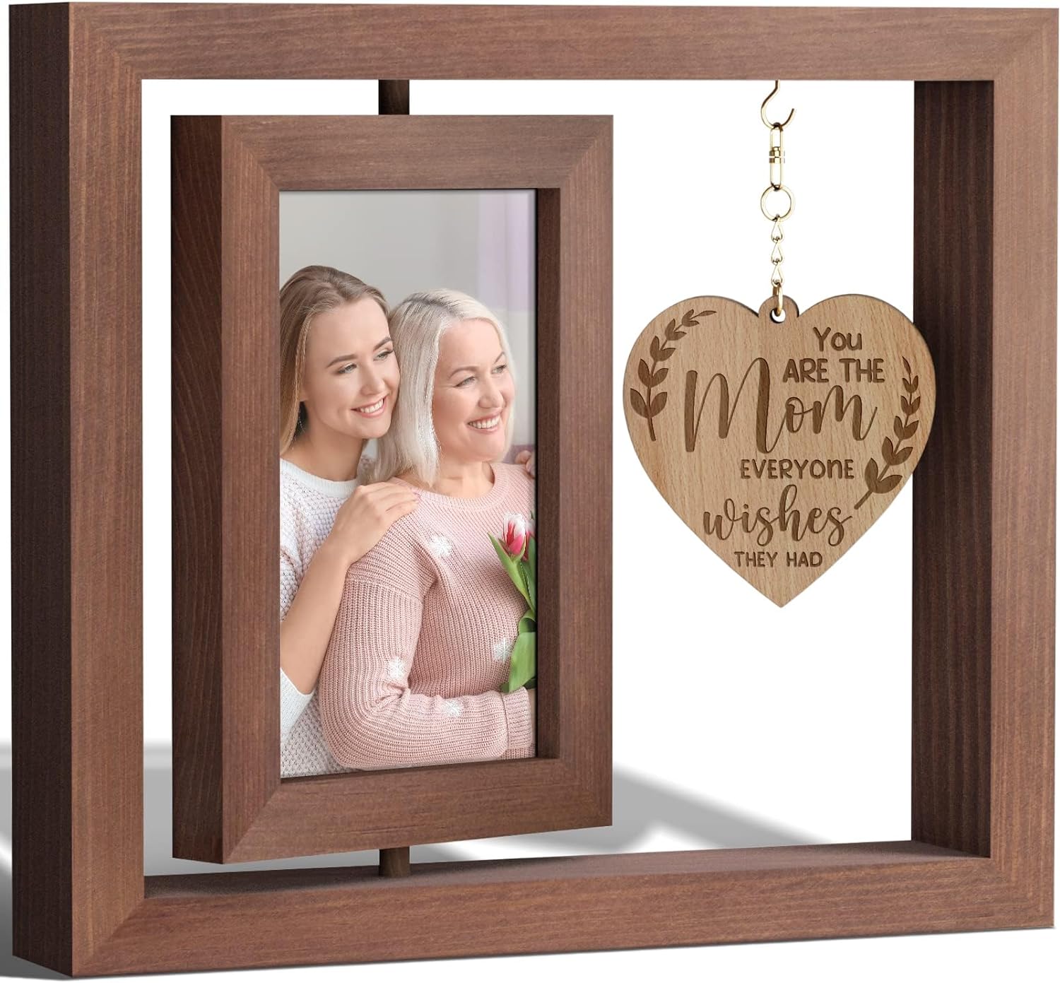 Mothers Day Gifts From Daughter Son Mom Gifts Mom Picture Frame, Rotating Picture Frame for 4x6 with Warm Heart Pendant for Mom Mother-In-Law Women Mom Birthday Gifts Rustic Wood Double-Sided Display