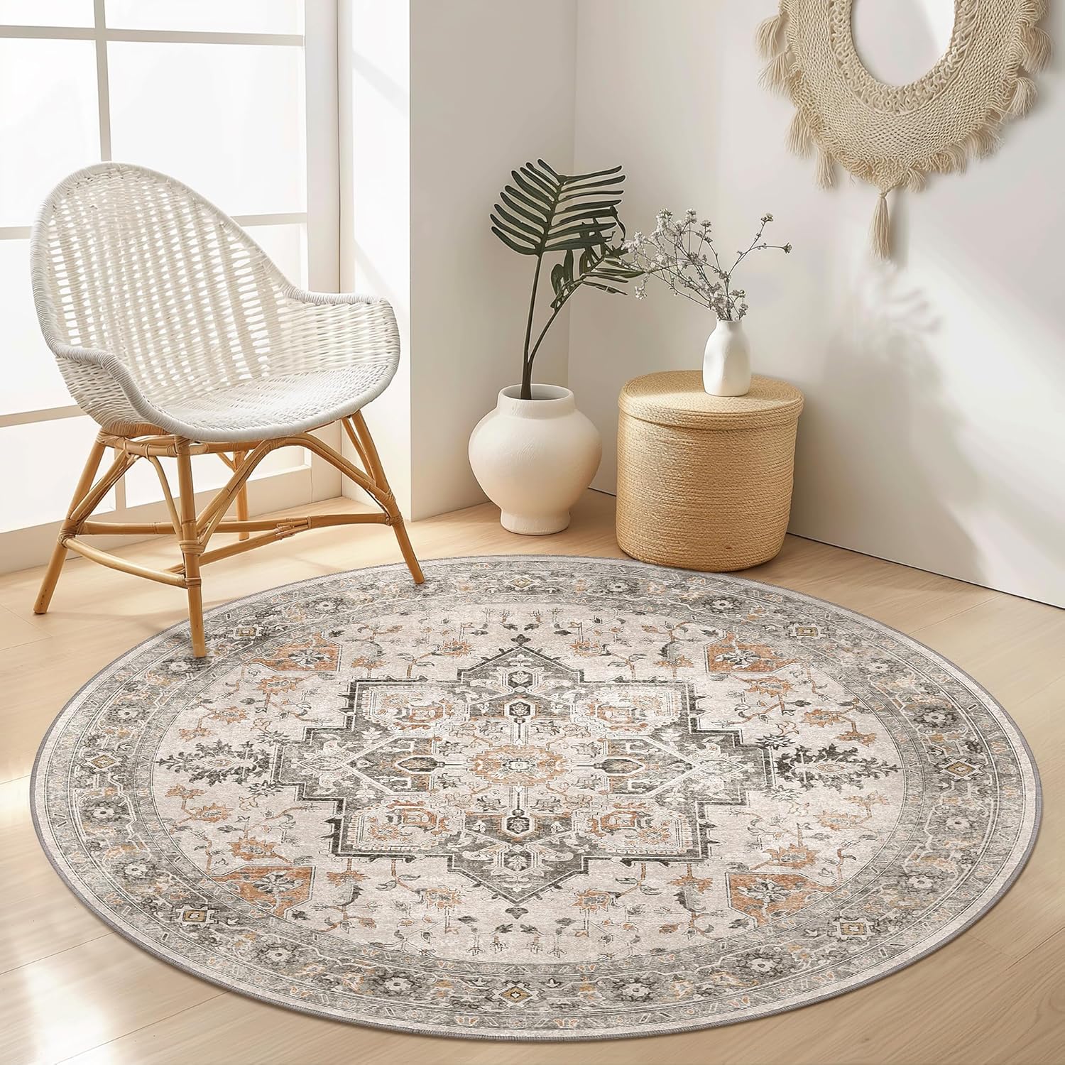 GENIMO Round Area Rugs 5FT for Living Room, Machine Washable Non Slip Vintage Rugs, Low Pile Lightweight Chenille Print Round Rug for Bedroom, Office, Dining Room, Home, Light Taupe Brown