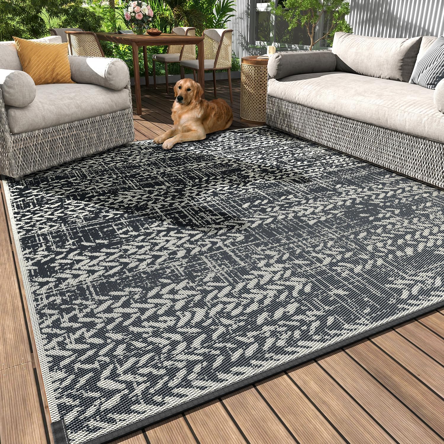 MontVoo Outdoor Rug 8x10 Waterproof-Patio Rug Mat Outdoor Carpet Reversible RV Camping Picnic Plastic Straw Rug Outside Outdoor Area Rug for Balcony Deck Backyard Patio Decor Boho Modern Abstract