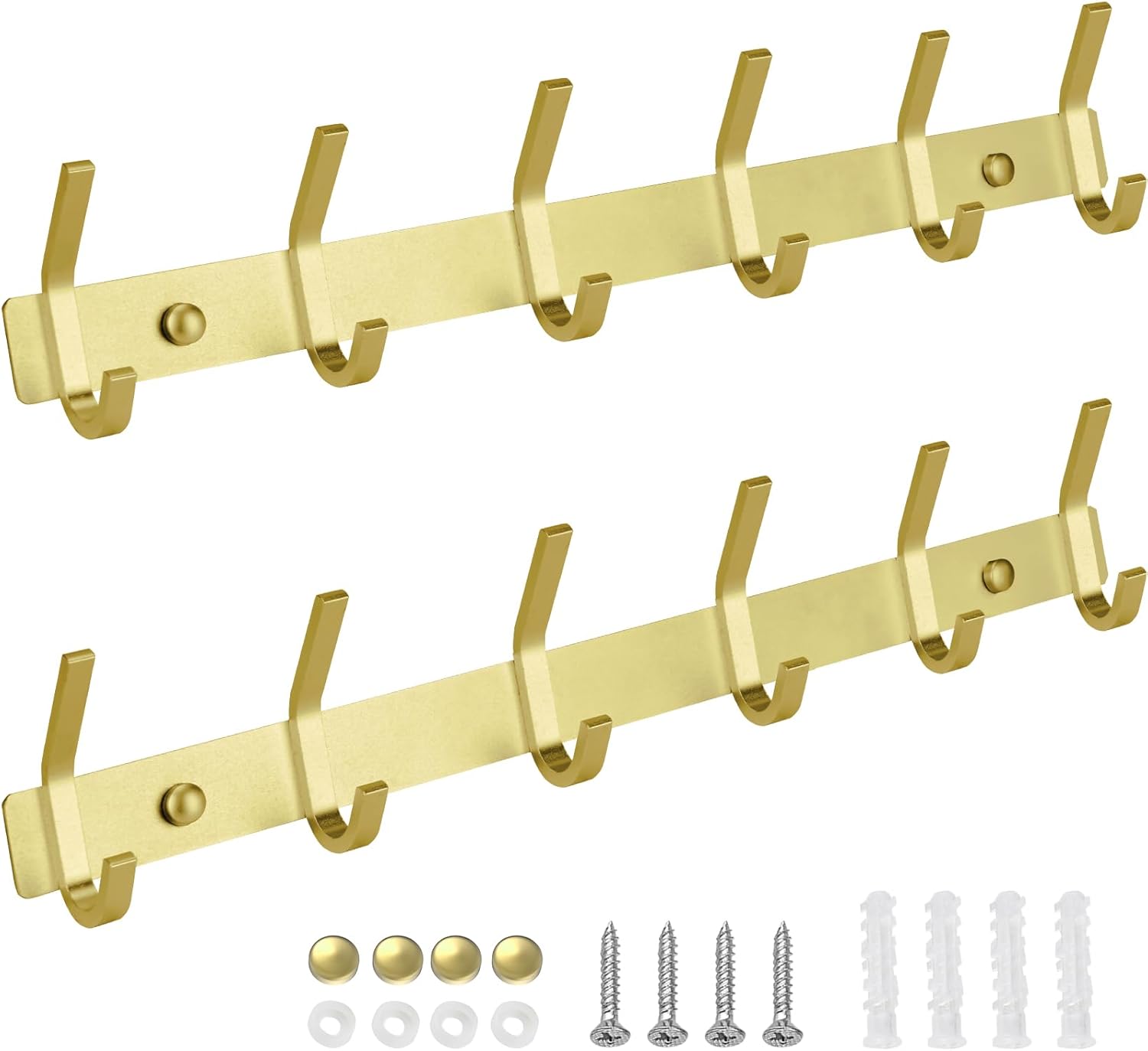 TICONN Wall Mounted Coat Rack - 6 Heavy Duty Dual Hooks All Metal Contemporary Coat Hanger for Jacket Coat Hat for Mudroom Entryway Bathroom (Gold, 2PK)