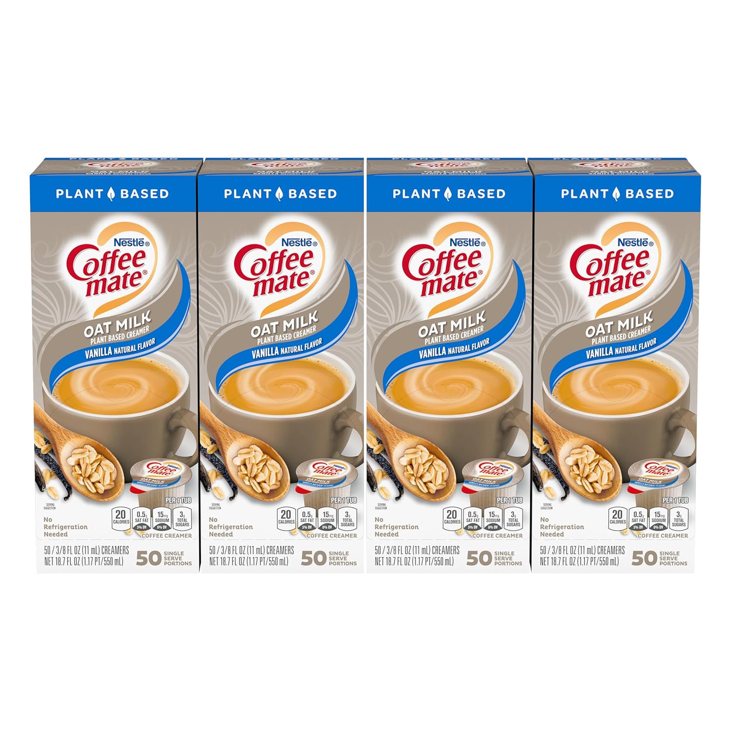 Nestle Coffee mate Coffee Creamer, Oat Milk, Vanilla Natural Flavor, Liquid Creamer Singles, Plant-Based, Non Dairy, No Refrigeration, Box of 50 Singles (Pack of 4)