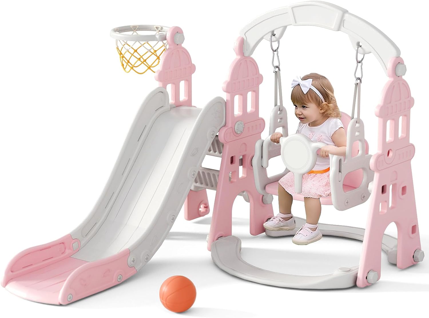 67i Toddler Swing Slide and Swing Set 5 in 1 Baby Slide Kids Indoor Swing Slide Set for Toddlers Age 1-3 with Basketball Frame and Ball and Extra Long Slide for Boys Girls Indoor Outdoor (Pink)