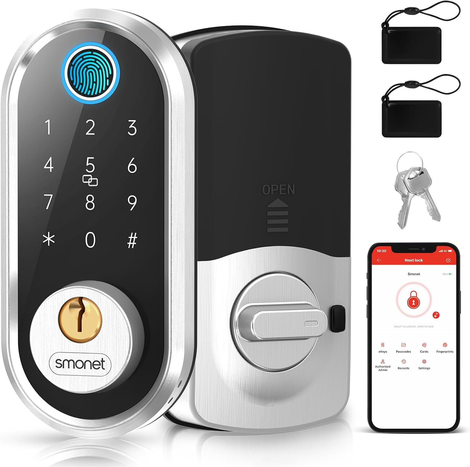 Smart Door Lock Keyless Deadbolt: SMONET Smart Locks for Front Door Fingerprint Keyless Entry Electronic Digital Bluetooth Key Fob Code APP Touch keypads Work with Alexa