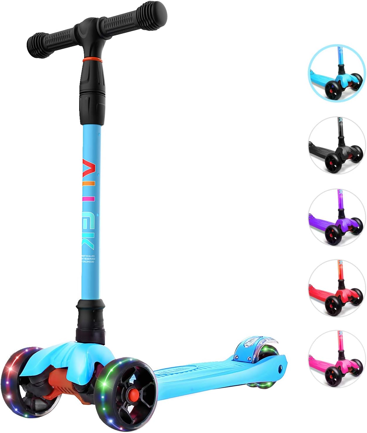 Allek Kick Scooter B02, Lean 'N Glide Scooter with Extra Wide PU Light-Up Wheels and 4 Adjustable Heights for Children from 3-12yrs (Aqua Blue)