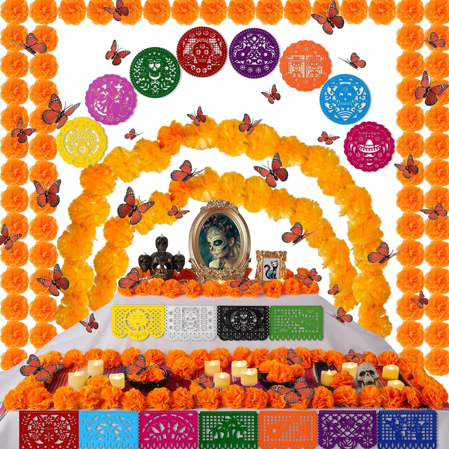 162 Pcs Day of The Dead Decoration Set 100 Marigold Flower Heads Bulk 10 ft Marigold Garland 1 Table Runner 16 LED Candle 24 Butterfly 8 Skull Coaster 11 Papel Picado Dia De Los Muertos Altar Decor