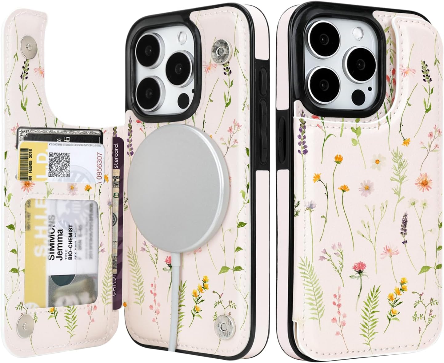 uCOLOR for iPhone 15 Pro 6.1 Wallet Case Magsafe with Card Holder SlotCompatible with MagSafe Folio Flip PU Leather Double Magnetic RFID Design with Camera Lens Protector (Nude Wild Flower)