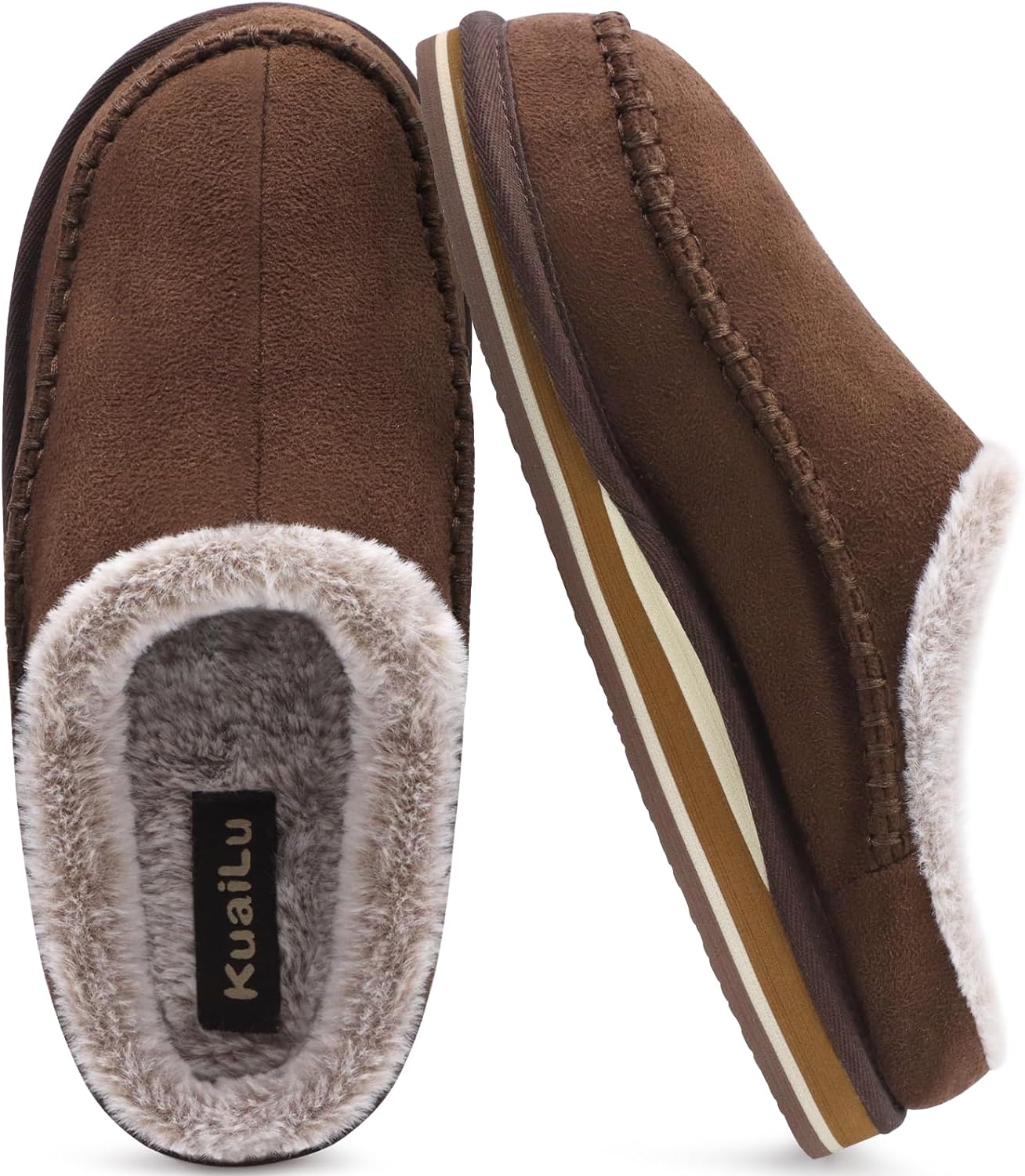 KuaiLu Mens Memory Foam Clog Slippers Comfy Handmade Stitch Microsuede Slip-on House Shoes With Arch Support Warm Faux Fur Lined Rubber Sole Indoor Outdoor