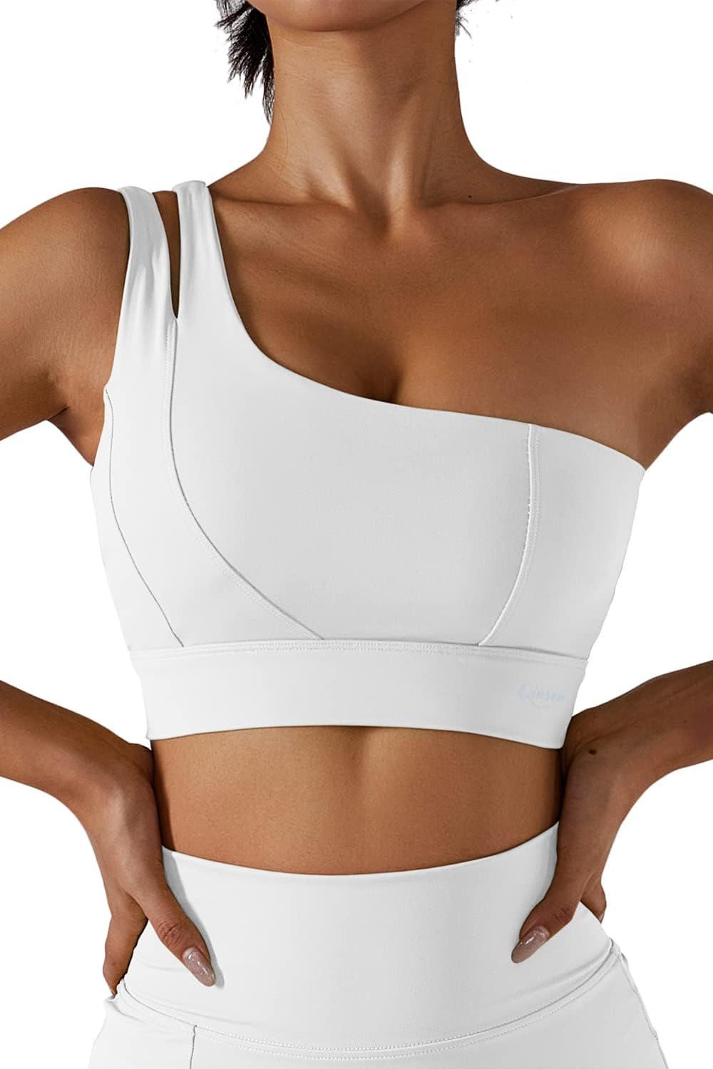 QINSEN Womens One Shoulder Yoga Bra Cutout Straps Athletic Sports Running Workout Top