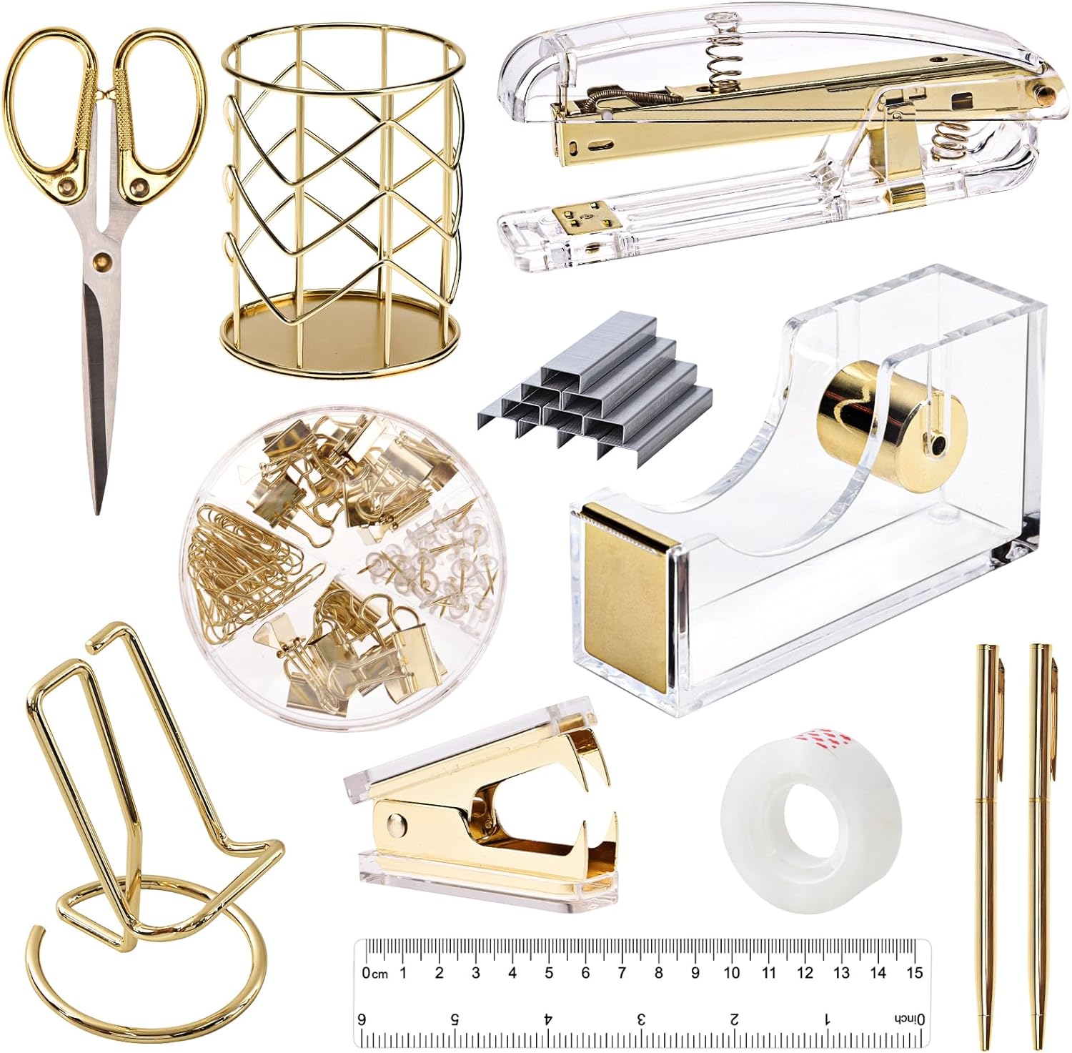 EOOUT Gold Office Supplies Set Desk Accessories, Acrylic Stapler Set Staple Remover, Phone Holder, Tape Holder, Pen Holder, 2 Ballpoint Pen, Scissor, Binder Clips, Ruler, Transparent Glue and Staples.